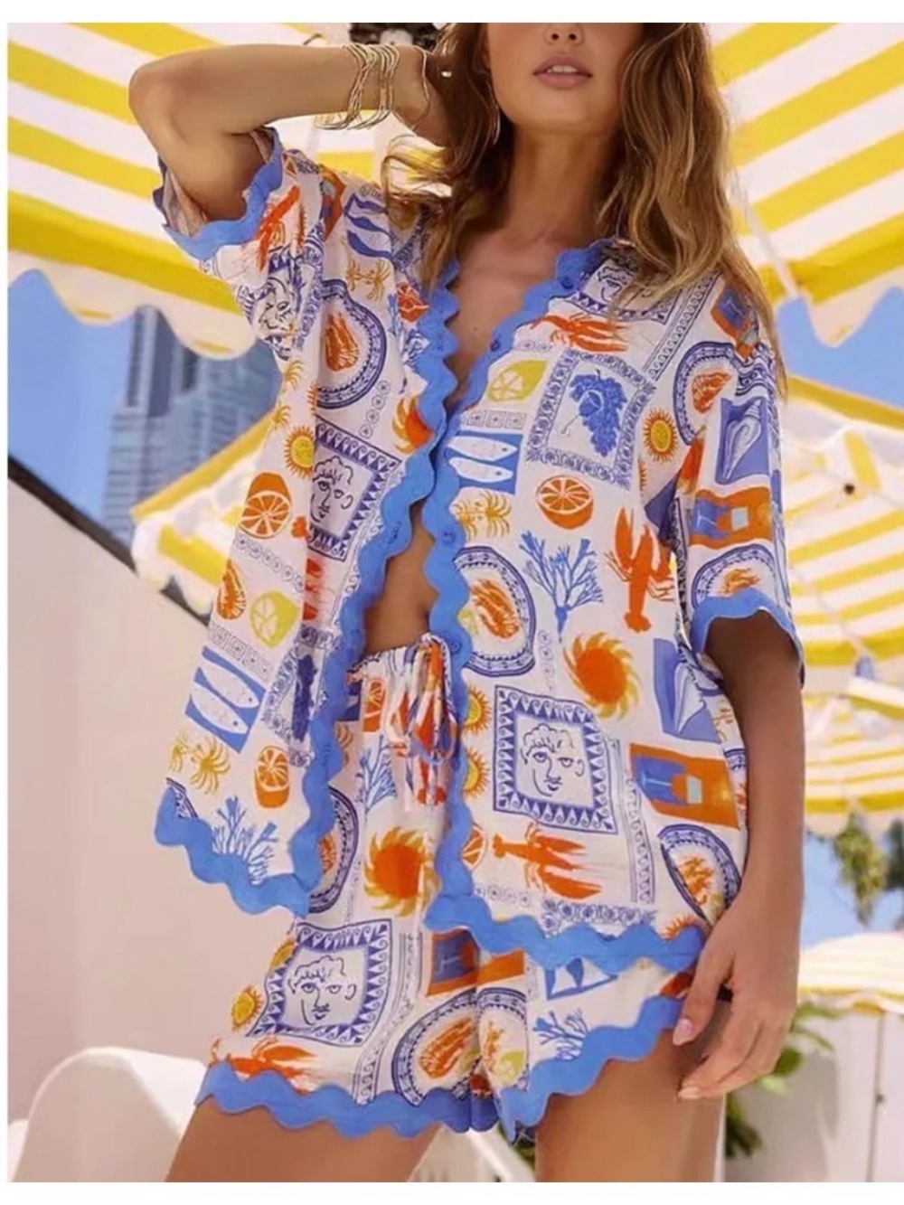 NWOT Commense Tropical Print Short-Sleeve Set in Blue & Orange - Small